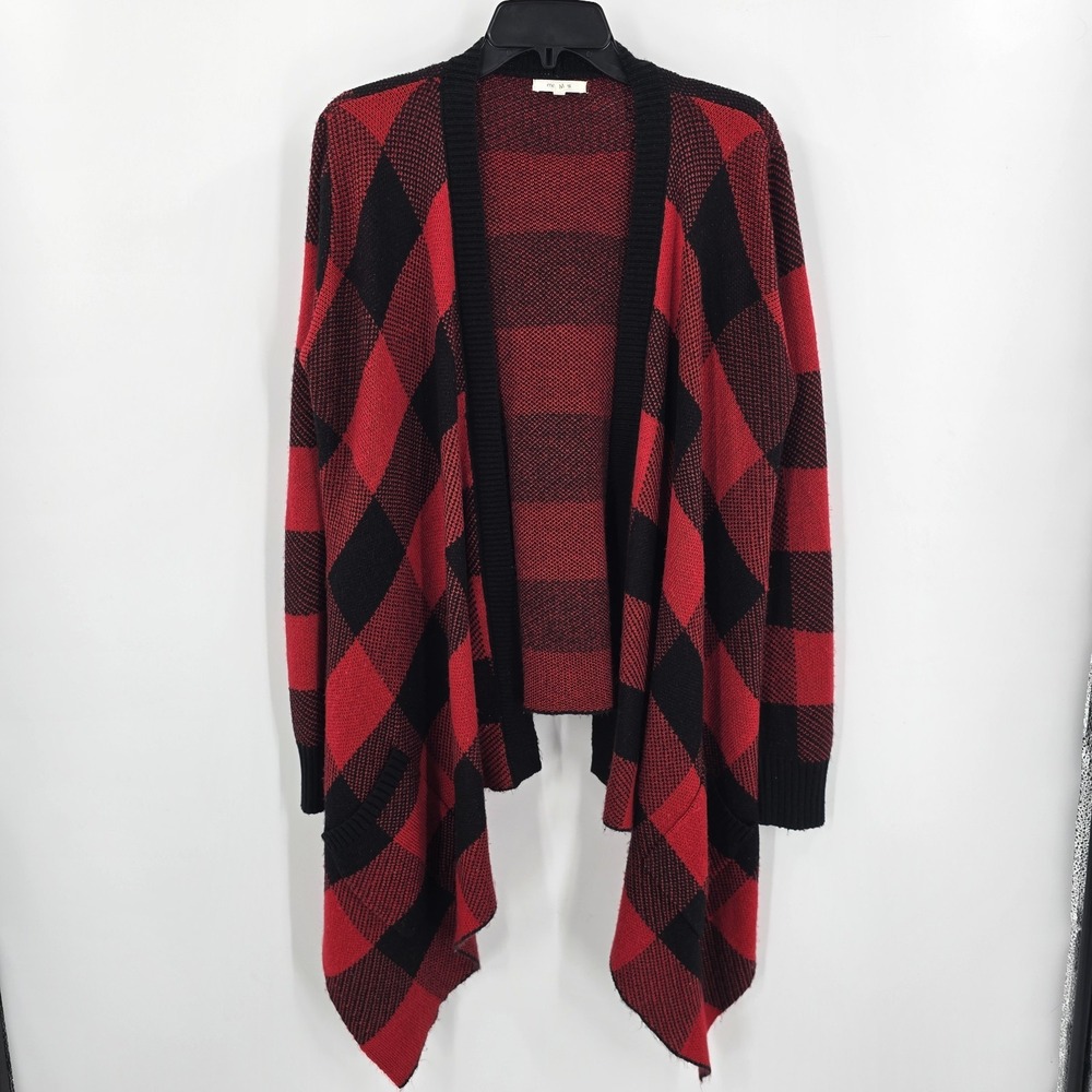 Maurices Sweater Womens Medium‎ Cape Buffalo Plaid Red Black Christmas